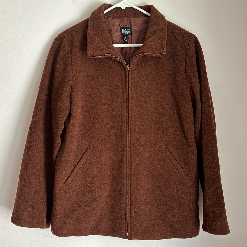 Eileen Fisher Women Boiled Wool Full Zip Brown Jacket Size petite small EUC!